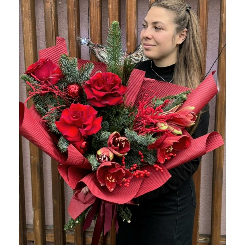Buchet de Iarnă cu Amaryllis Roșu
