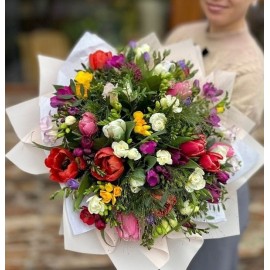 Buchet multicolor cu 51 lalele si frezii